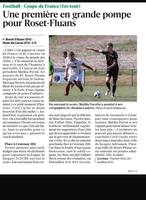Article presse Coupe de France - FCRF 2-0 Haut du Lison